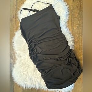ZARA Flawd NWOT Black Ruched Mini Dress Stretchy Bodycon Spaghetti straps Sz M